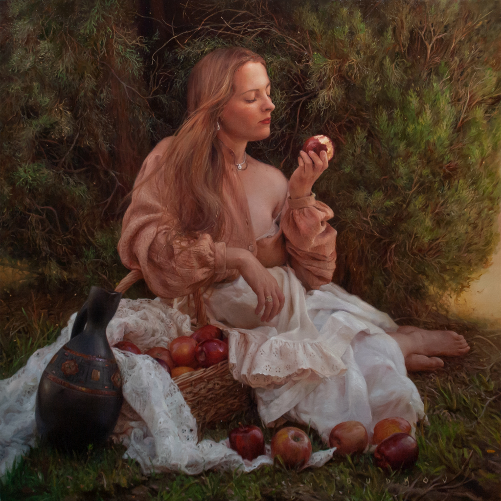 Painting titled Garden of Abandon featuring  a woman looking at an apple she is holding while sitting in a forest surrounded by other apples next to a large tree