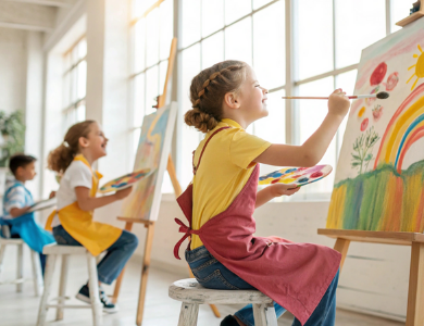 Children painting on easels