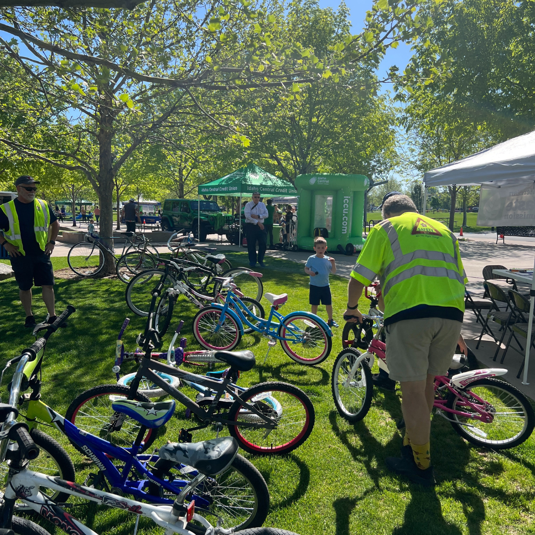 Refurbished bikes being lines up on the grass at a Meridian park